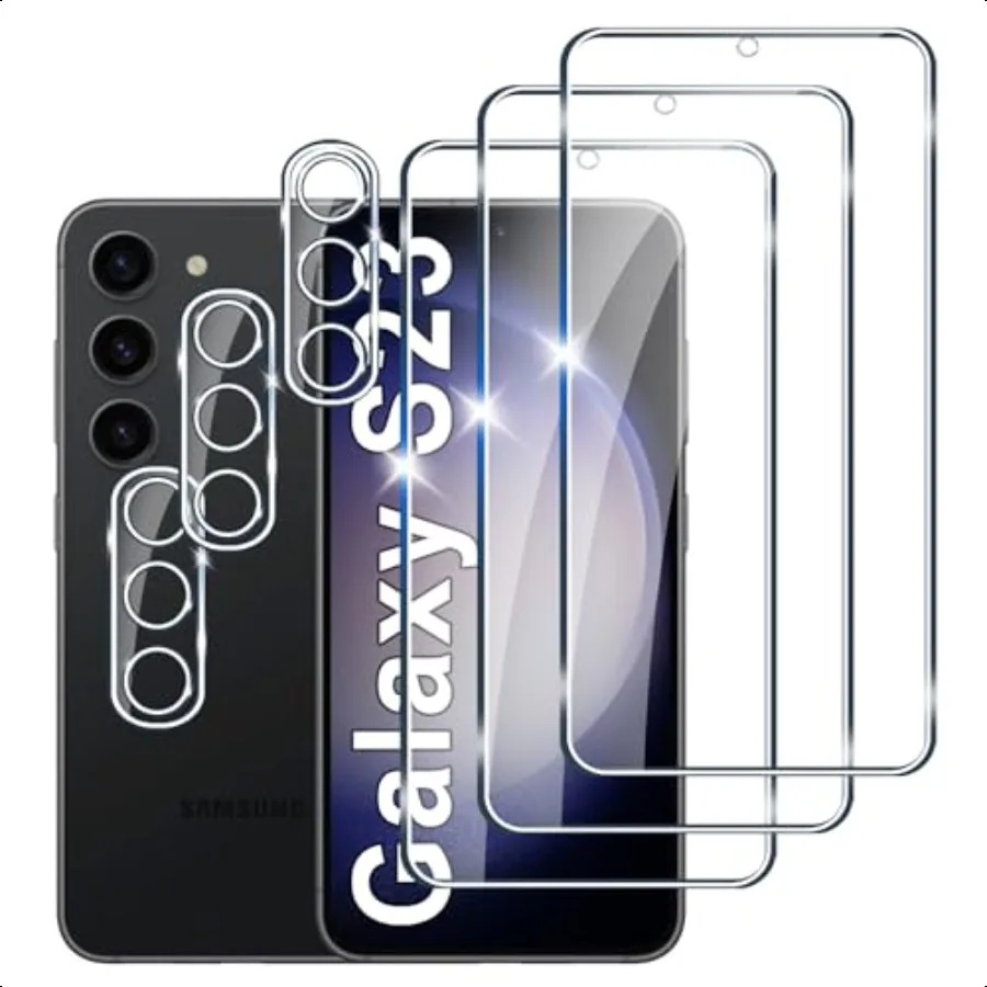 3+3 عبوات مصممة لهاتف سامسونج جالاكسي S23 واقي شاشة وواقي عدسة الكاميرا 9H هاردن جالاكسي S23 خلية من الزجاج المقسى Pho
