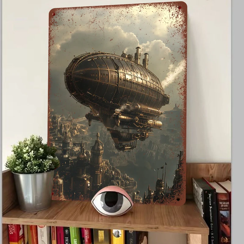 Vintage Steampunk Airship Floating City Landscape Custom Metal Tin Sign Home Decor Wall Art