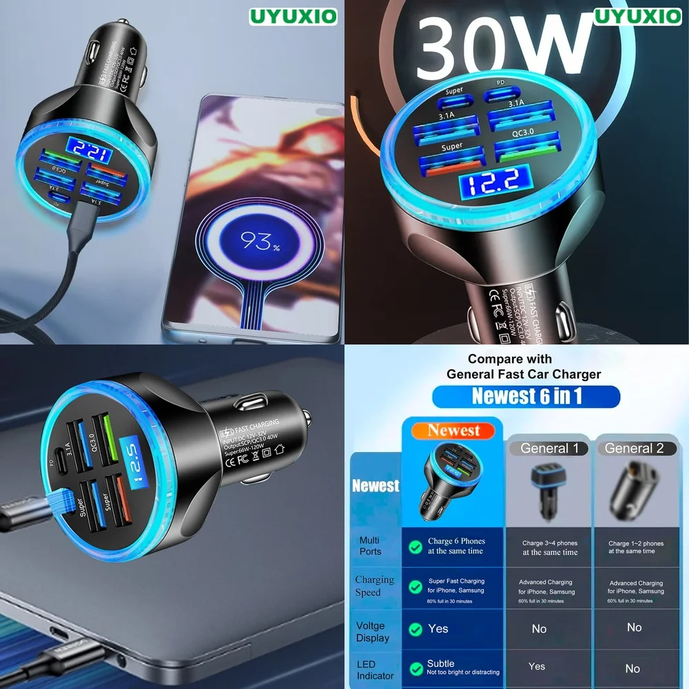 Car Charger 6 Ports LED Digital Display PD 30W for iPhone 17 16 15 14 Pro Max Plus Fast Charging Super Fast Plug Smart IC Chip