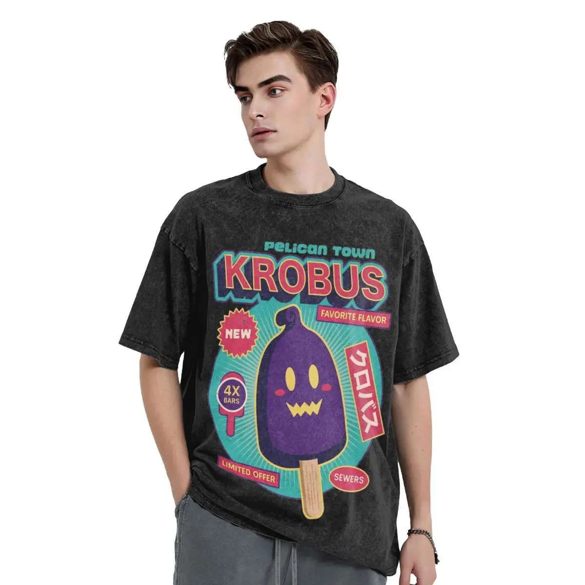 Krobus Ice Cream Stardew Valley Washed T Shirts Streetwear Hip Hop T-Shirts Game Anime Tees for Men Women Oversize Summer