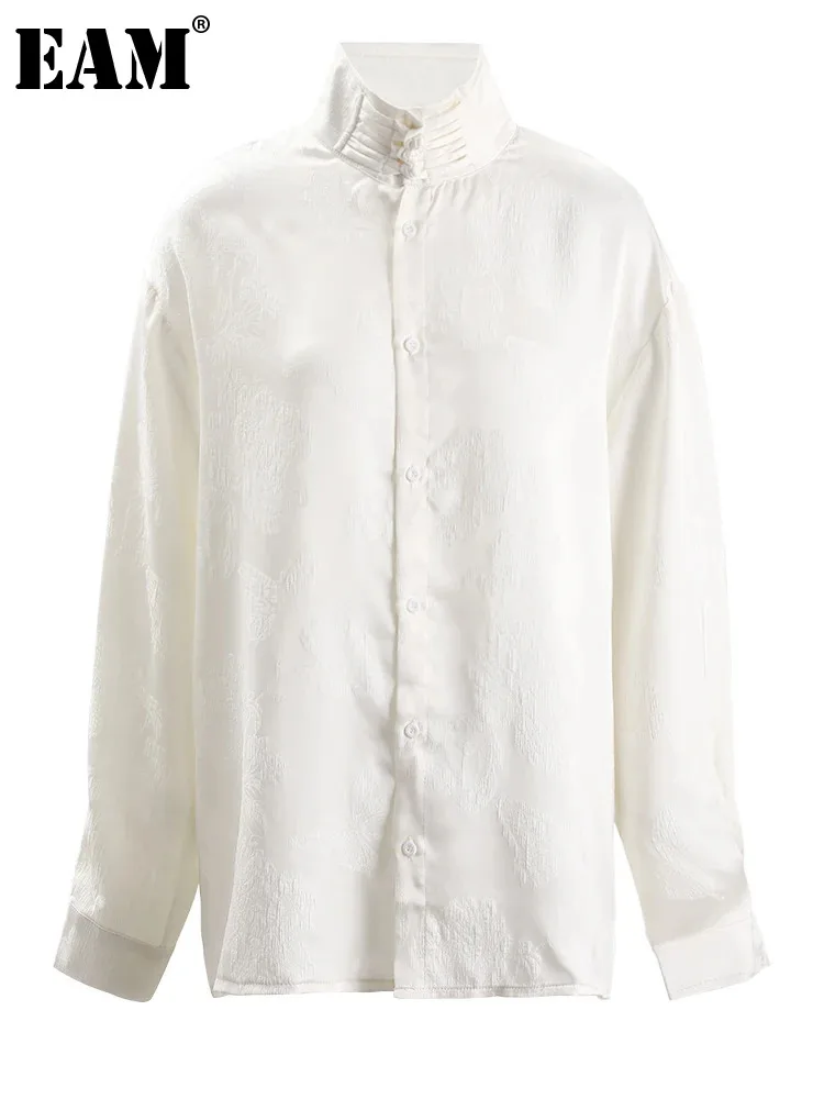 

[EAM] Women Beige Buckle Big Size Vintage Blouse New Stand Collar Long Sleeve Shirt Fashion Tide Spring Autumn 2024 CPG1253