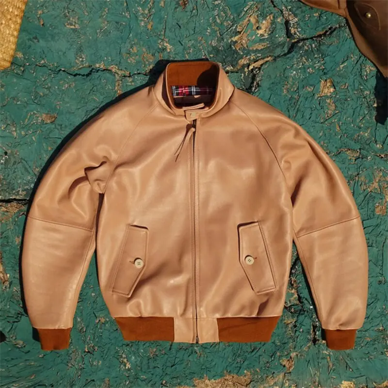 Men's Top-Grain Camel Pink Sheepskin Genuine Leather Jacket G-9 Raglan Sleeve Relaxed Fit American Vintage Casual