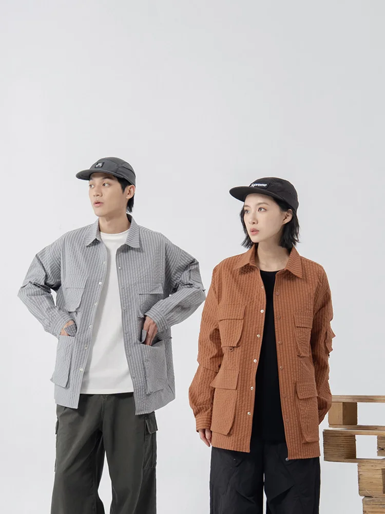 

Queenop 2025 ex Outdoor Couple Plaid Multi-ket Sle Bru irt Street Sle Loose Fit Long Sve Ne Polyester