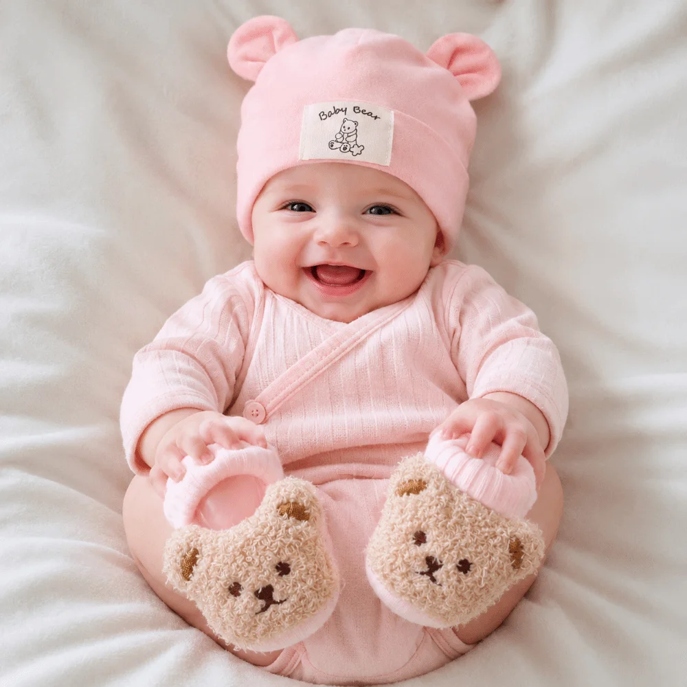 2Pcs/Set Cute Cotton Baby Hat Socks Set Soft Warm Bear Ear Beanie Cartoon Pullover Cap Prewalker Socks Autumn Winter view 4