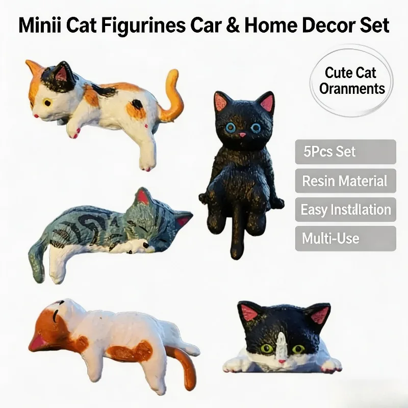Mini Cat Resin Ornaments 5Pcs Handmade Kitten Figurine with Double-sided Adhesive for Car Interior Home Desk Decor