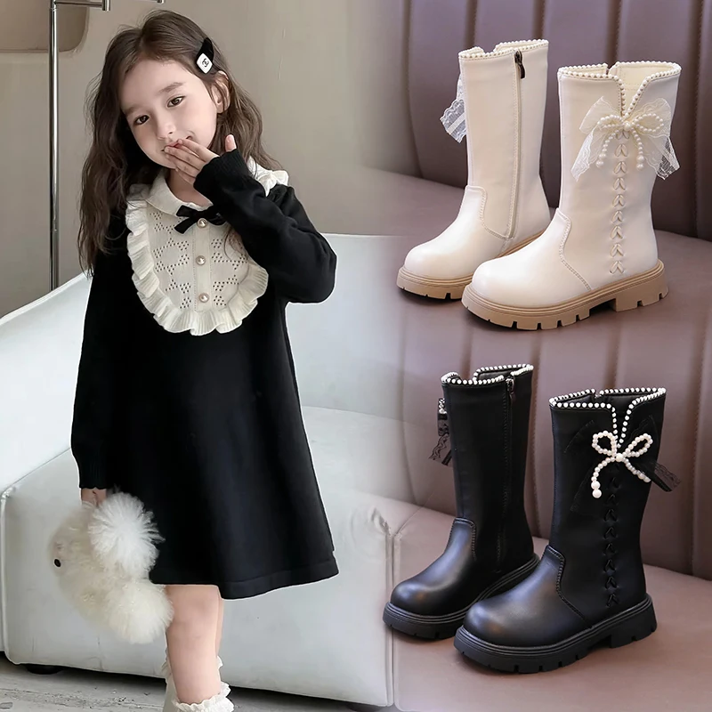 

Kids Mid-calf Boots for Girls 2025 New Winter Kids Leather Boots with Shiny Bowknot Non-slip Princess Kid Christmas Party Boots