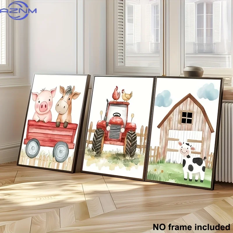 3pcs, Canvas Paintings, Unframed, Set of 3 Decorative Pictures, Various Sizes, Cute Farm Animals Illustration Room Decor Vintage