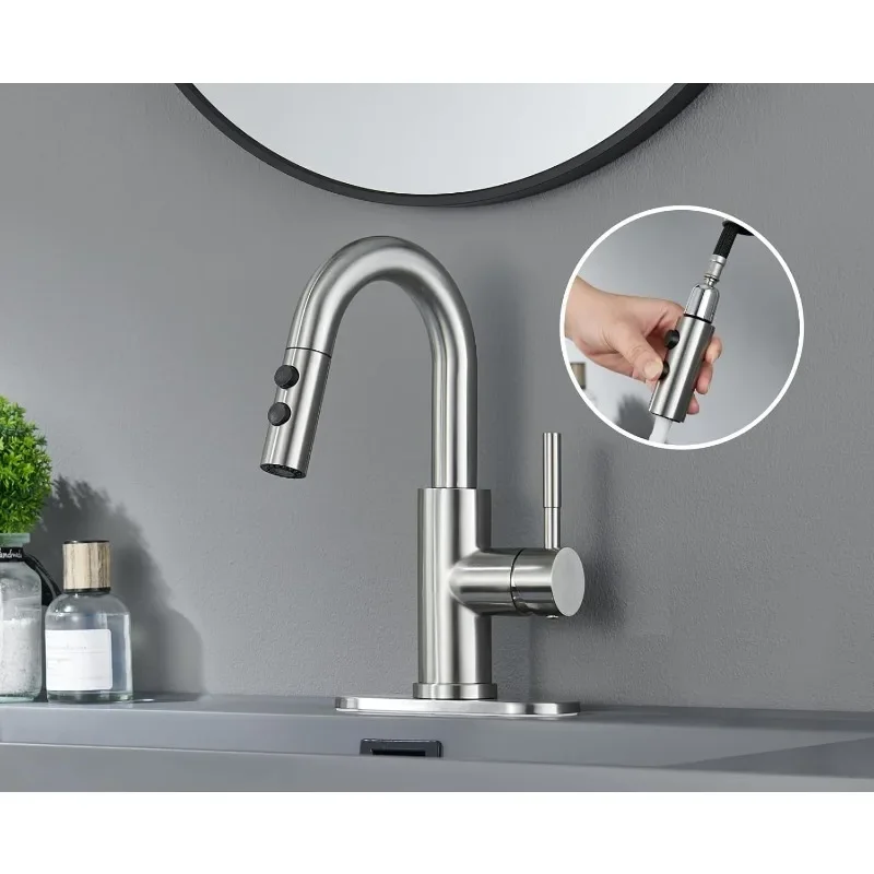 Bathroom Sink Faucet with Pull Down Sprayer, Brushed Nickel Single Handle Pull Out Faucet with Pop-Up Drain