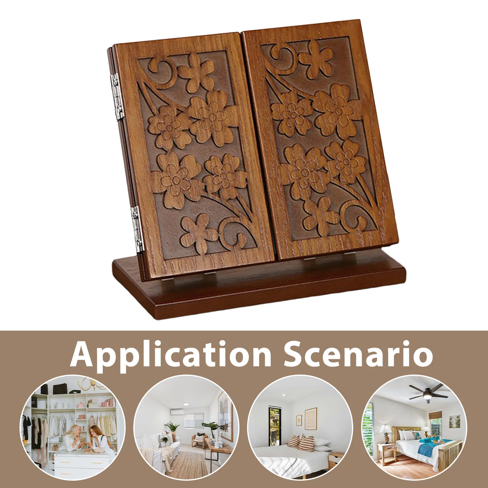 1 szt. Drewniane lusterko do makijażu z rzeźbionym wzorem, składane, trójstronne, biurkowe lusterko kosmetyczne, stabilna drewniana podstawa, czyste odbicie, do użytku domowego.