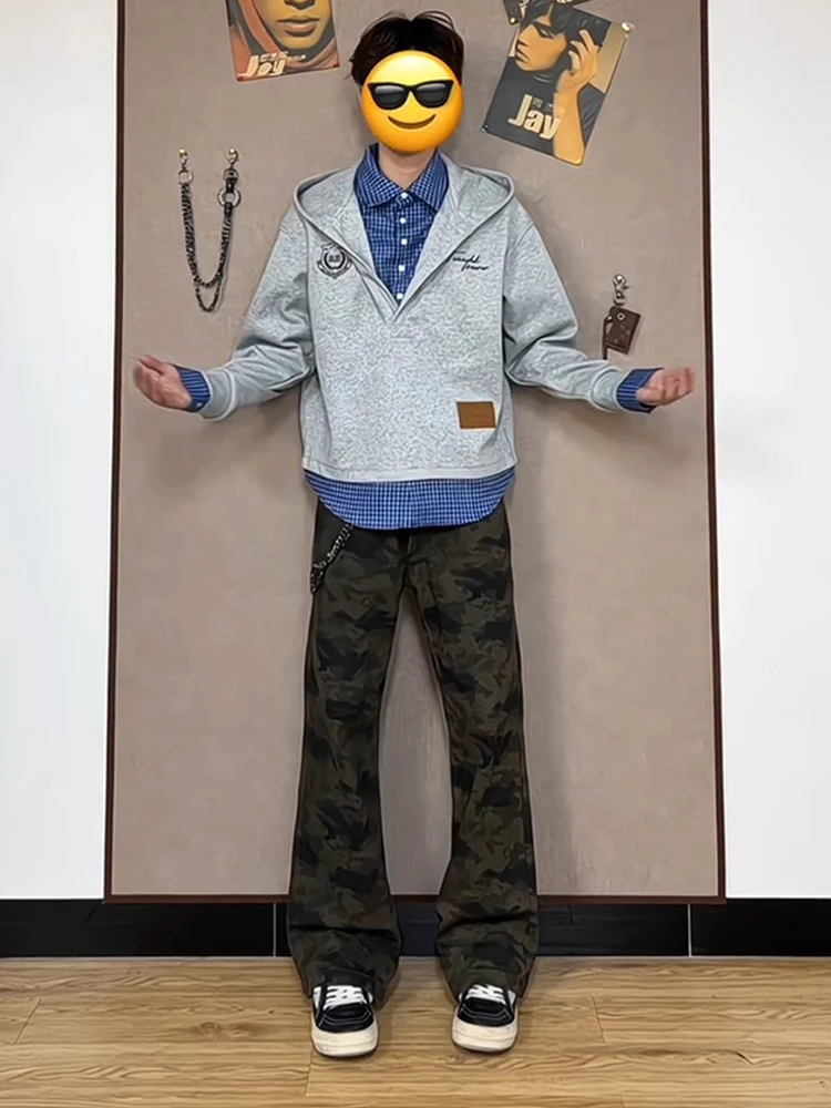 Amerikaanse retro camouflage uitlopende jeans heren herfst winter high street vibe fce gevoerde liftzak afslankmesbroek