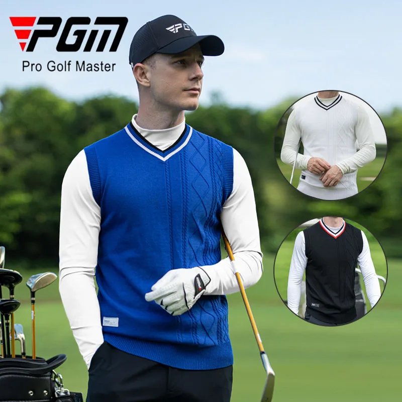 

PGM Winter Men Warm Knitted Golf Vest Male Windproof V-neck Waistcoat Fleece Soft Sleeveless Sweater Outdoor Fit Golf Shirts