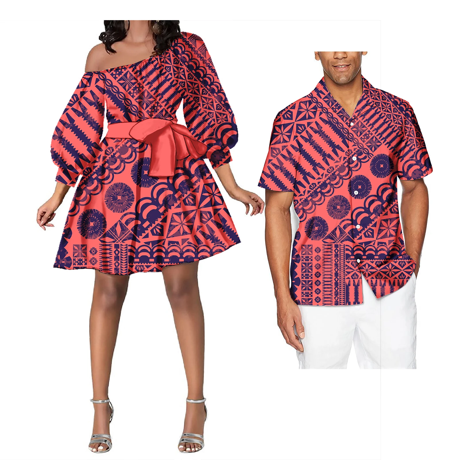 Paar Outfit Sets Dames Avondjurken Polynesische Patroon Ontwerp Klassieke Heren Hawaiiaanse Shirts Overeenkomen Met Vrouwen Plus Size Jurk