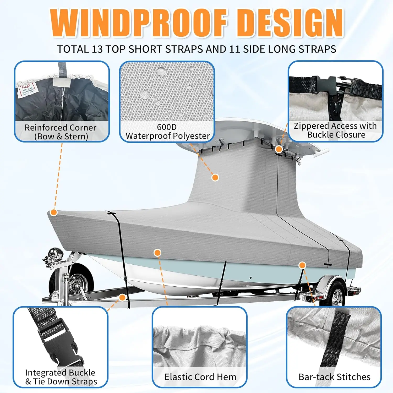 Cubierta para barco con tapa en T, cubierta para barco resistente al agua y resistente al desgarro de grado marino 600D para barco con consola central con techo superior en T, se adapta