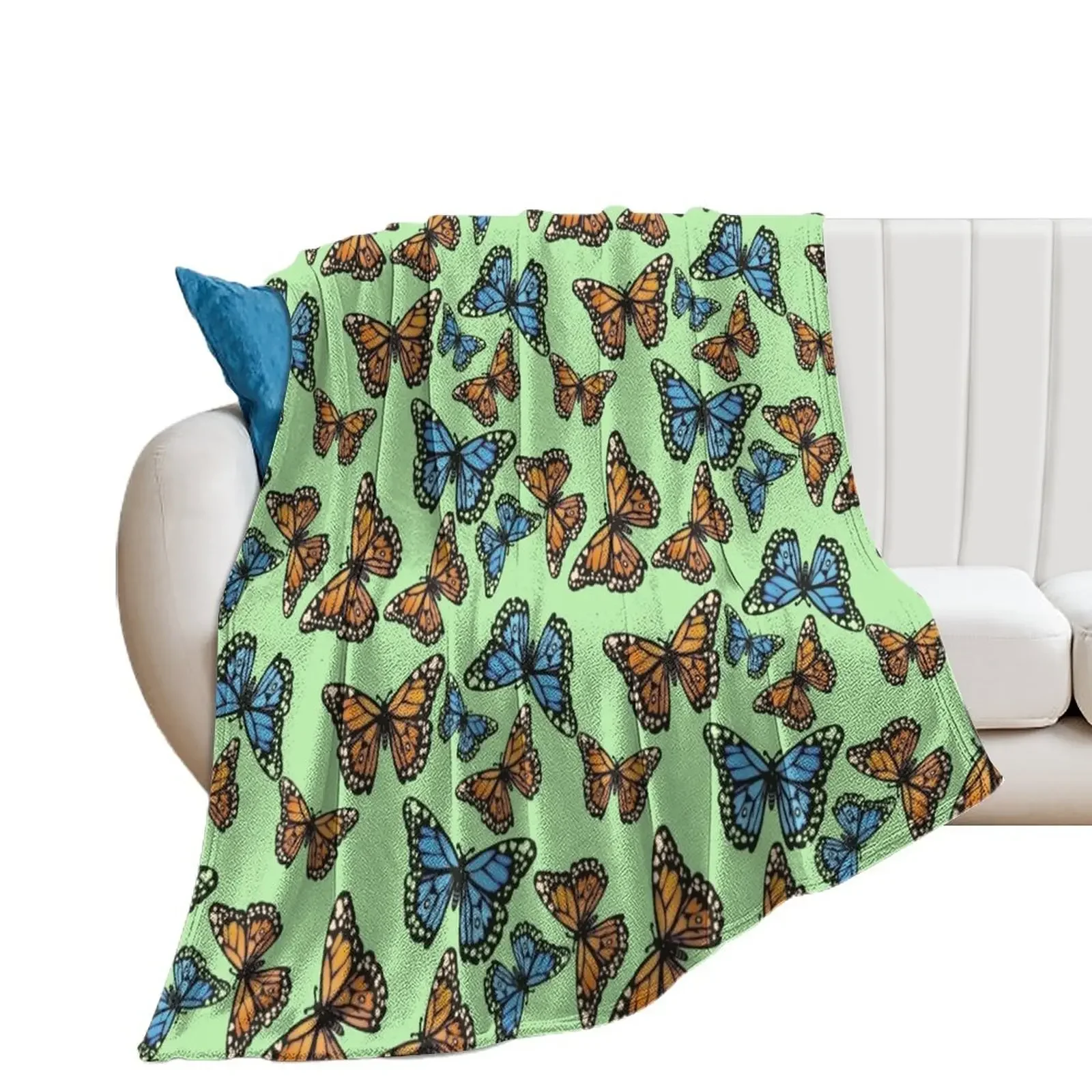 Blue and Orange Monarchs on Pastel Green Throw Blanket valentine gift ideas blankets ands Blankets