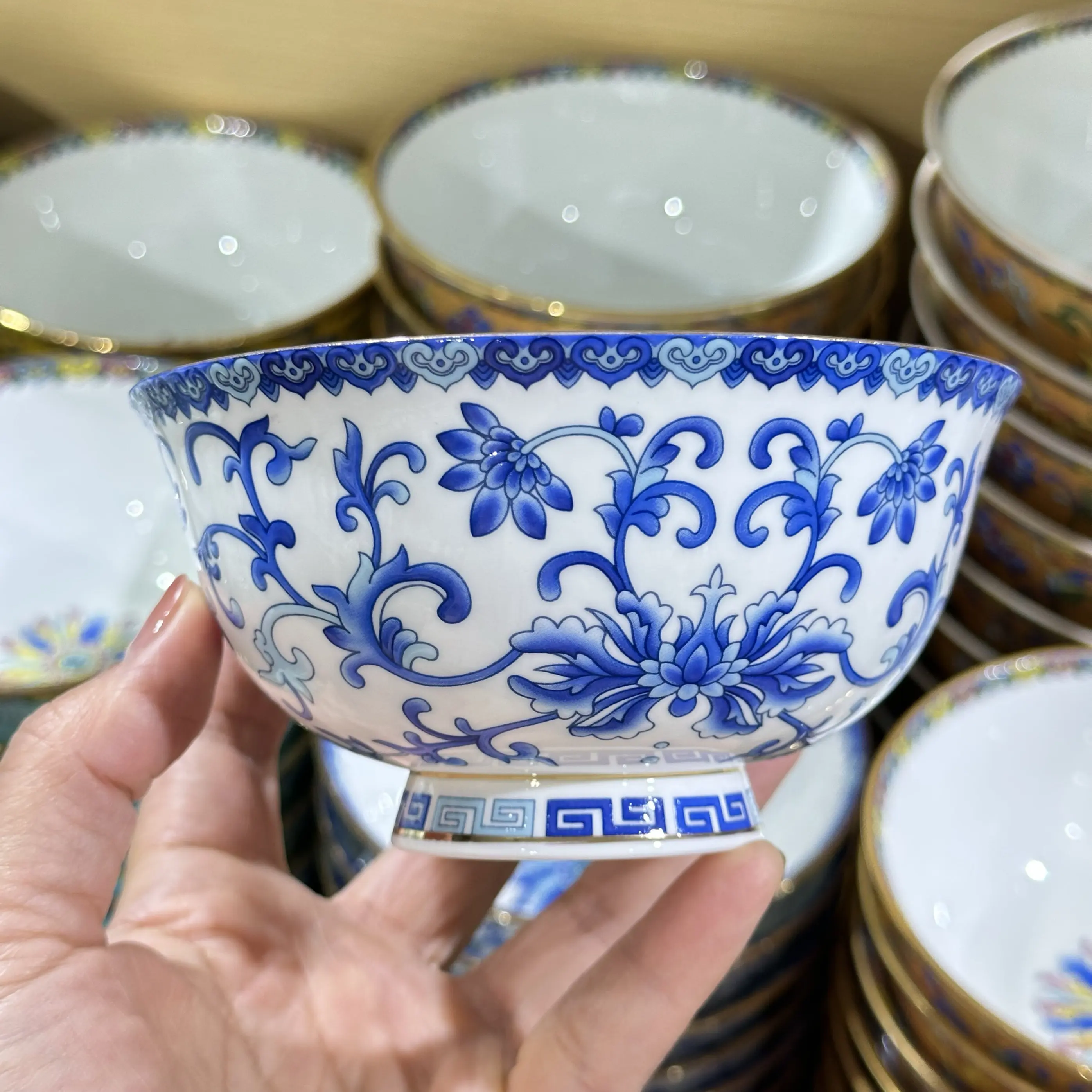 Jingdezhen Bone China Rice Bowl Enamel Antique Porcelain Household Tea Bowl Soup Bowl Chinese Golden High Leg Pomegranate Bowl