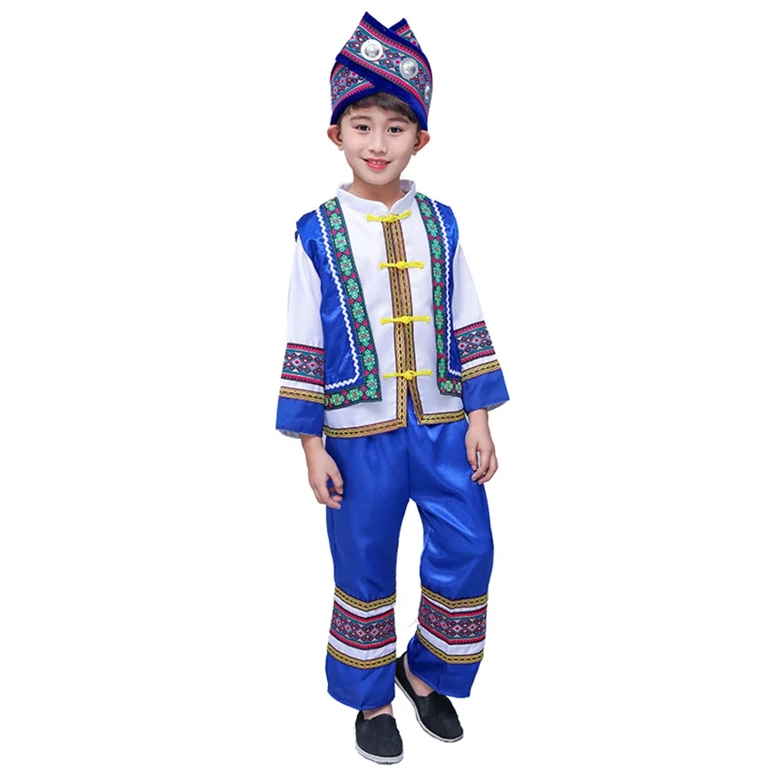 Kids Ancient Chinese Hmong Miao Costume Traditional Festival Stage Performance Waer Boys Print Folk Hanfu Dress Clothing Set