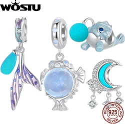 WOSTU 925 스털링 실버 빛나는 매력 에나멜 푸른 바다 동물 펜던트 문 Dreamcatcher 맞는 원래 팔찌 여름 선물