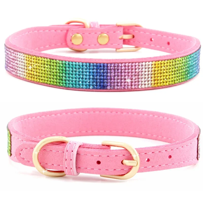 Suede Fiber Crystal Dog Collar Comfortable Glitter Rhinestone Dog Collars Zinc Alloy Buckle Collar for Small Dogs Cats