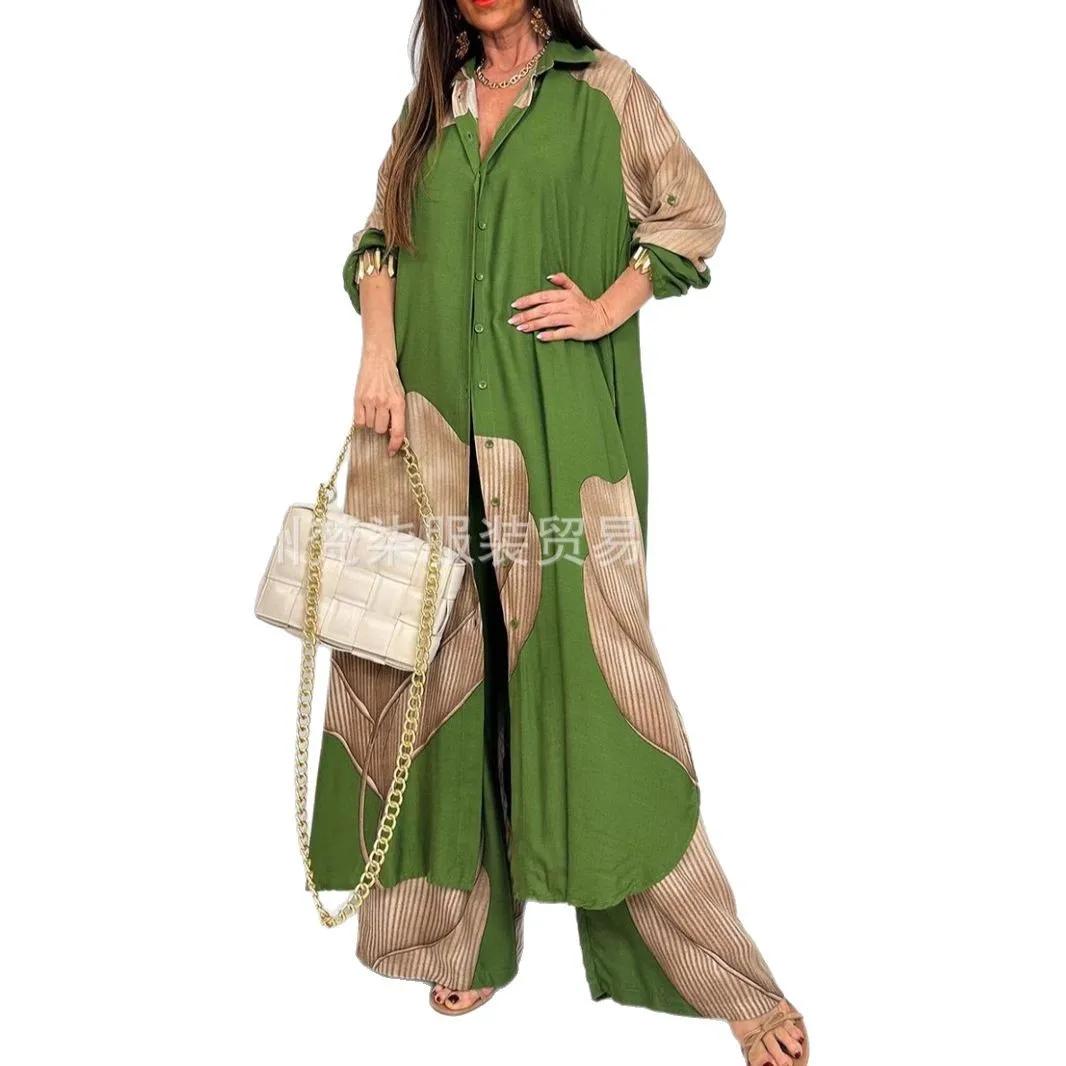 Fashion Loose Printed Long Sleeve 2-piece Set Women\'s Single-breasted Cardigan Robe Wide-leg Pants Casual Two-piece Outfit Woman
