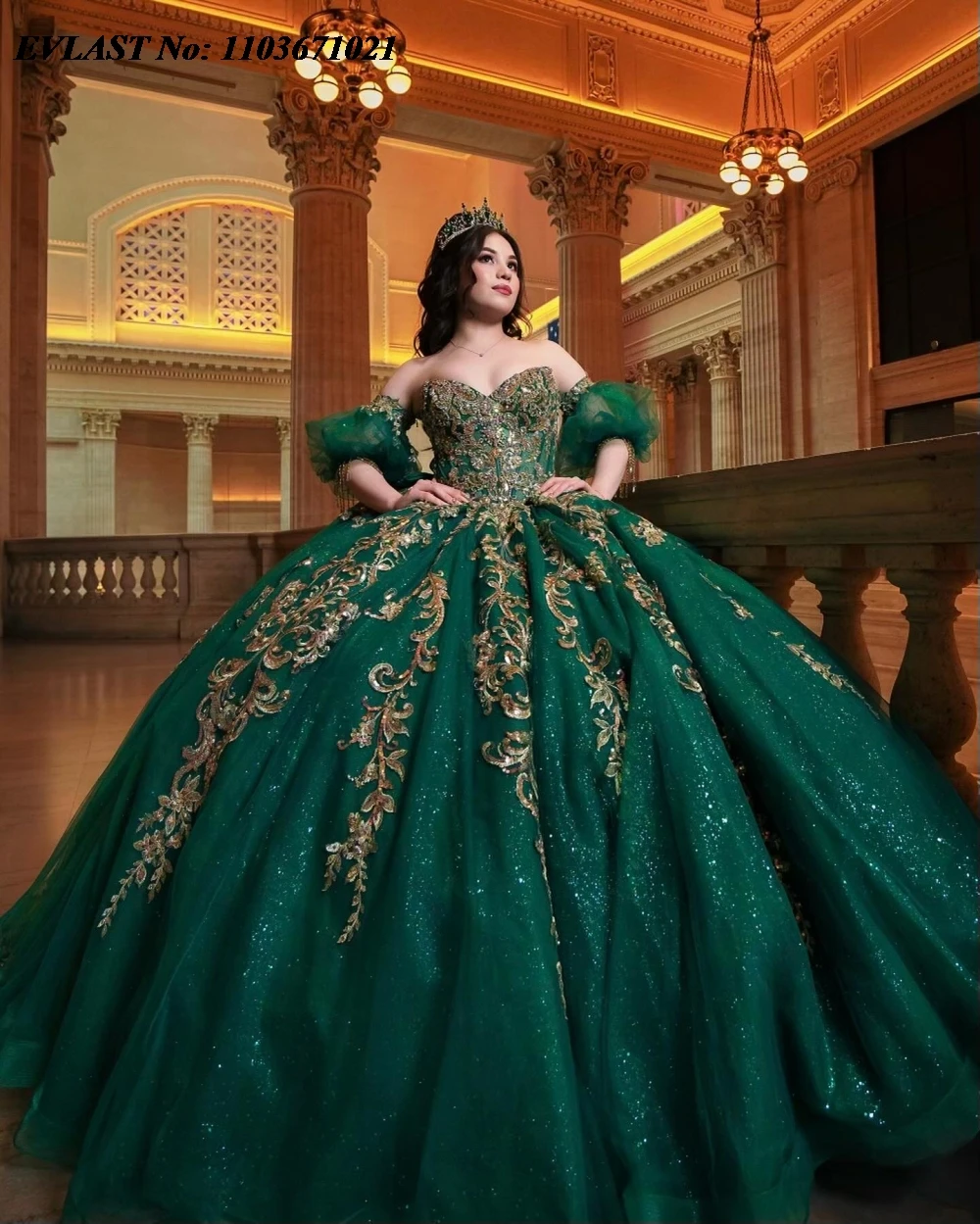 EVLAST Customized Emerald Green Quinceanera Dress Ball Gown Gold Lace Applique Beading Sweet 16 Vestidos De 15 Anos SQ741