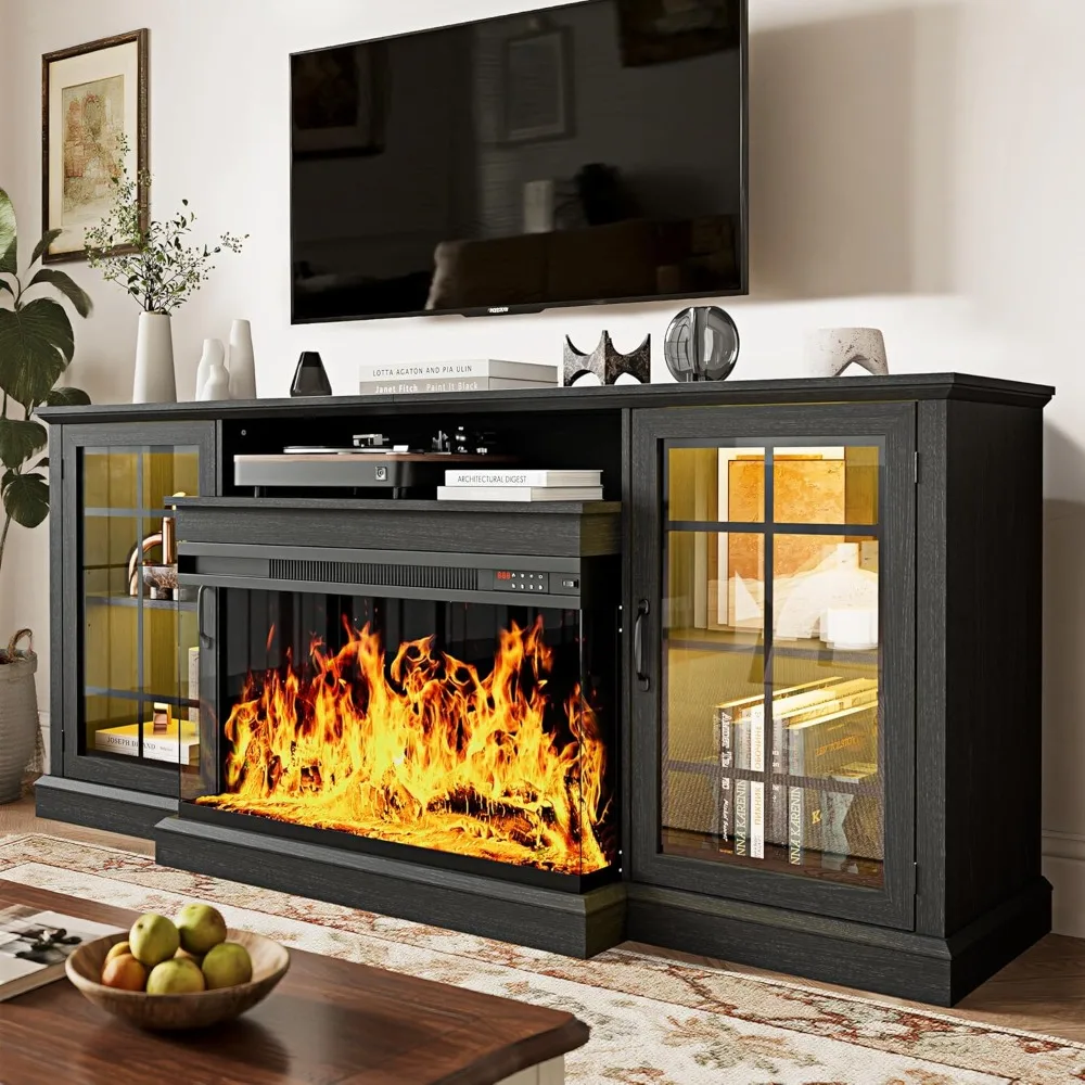 

Fireplace TV Stand, Farmhouse Entertainment Center with 3 Sided Glass TV Stand, Modern Media Console Table with Storage