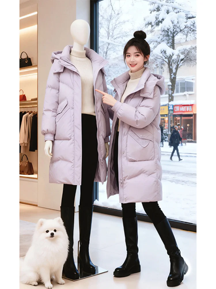 

Фиолетовое пуховое хлопковое пальто с капюшоном, женское зимнее пальто больших размеров, новинка средней длины, высококачественное хлопковое пальто в Корейском стиле
