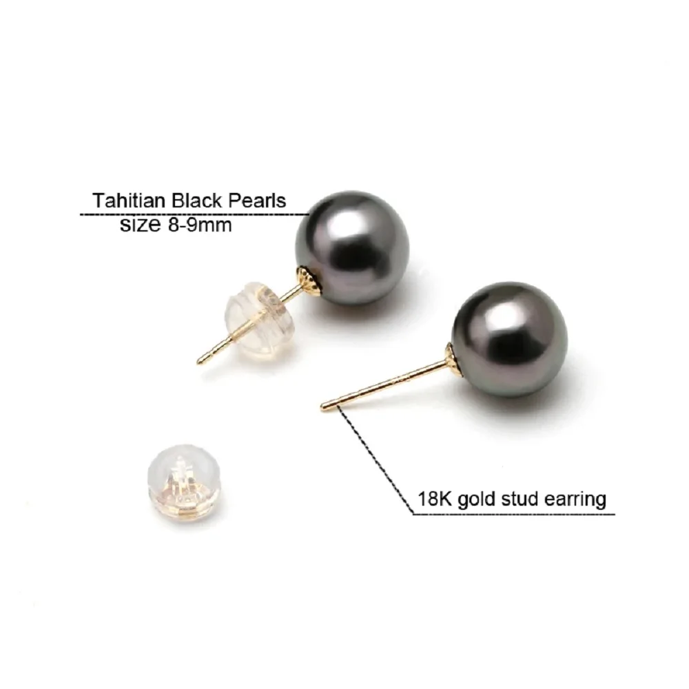 

Real 18k/AU750 gold pearl earrings, round Tahitian black pearl earrings 8-9mm 9-10mm 10-11mm