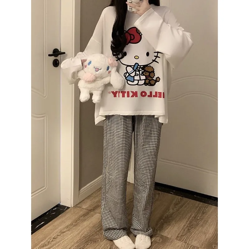 2024 Autumn Sanrio Pajamas Women Loose Round Neck Cute Kitty Homewear Simple Leisure Long-Sleeved Long Pants two-piece Suit