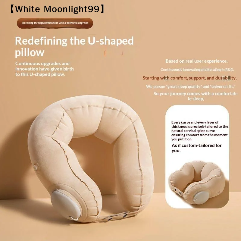 Compression Inflatable U Shaped Neck Pillow Portable Adjustable Support Neck Pillow For Office Travel Use〔White〕