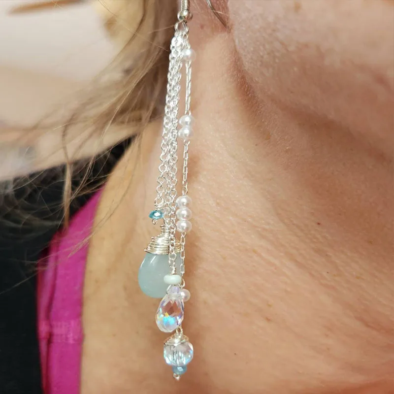 Aqua Chalcedony Earrings, Lapis, Pearl Cluster DDangle Earrings