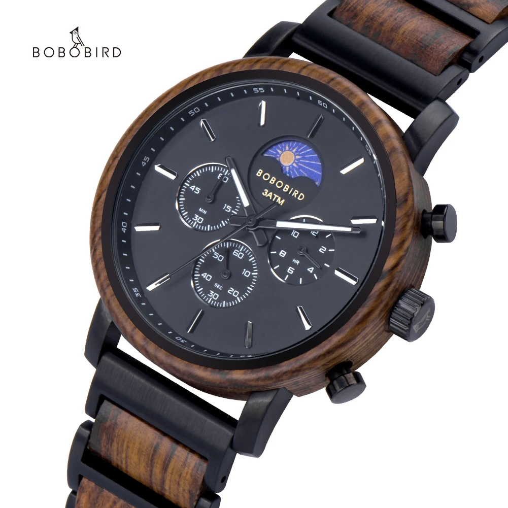 

BOBO BIRD 2022 New Watch for Men Top Brand Moon Phase Chronograph Wooden Watches Luxury Sports Quartz Movement relogio masculino