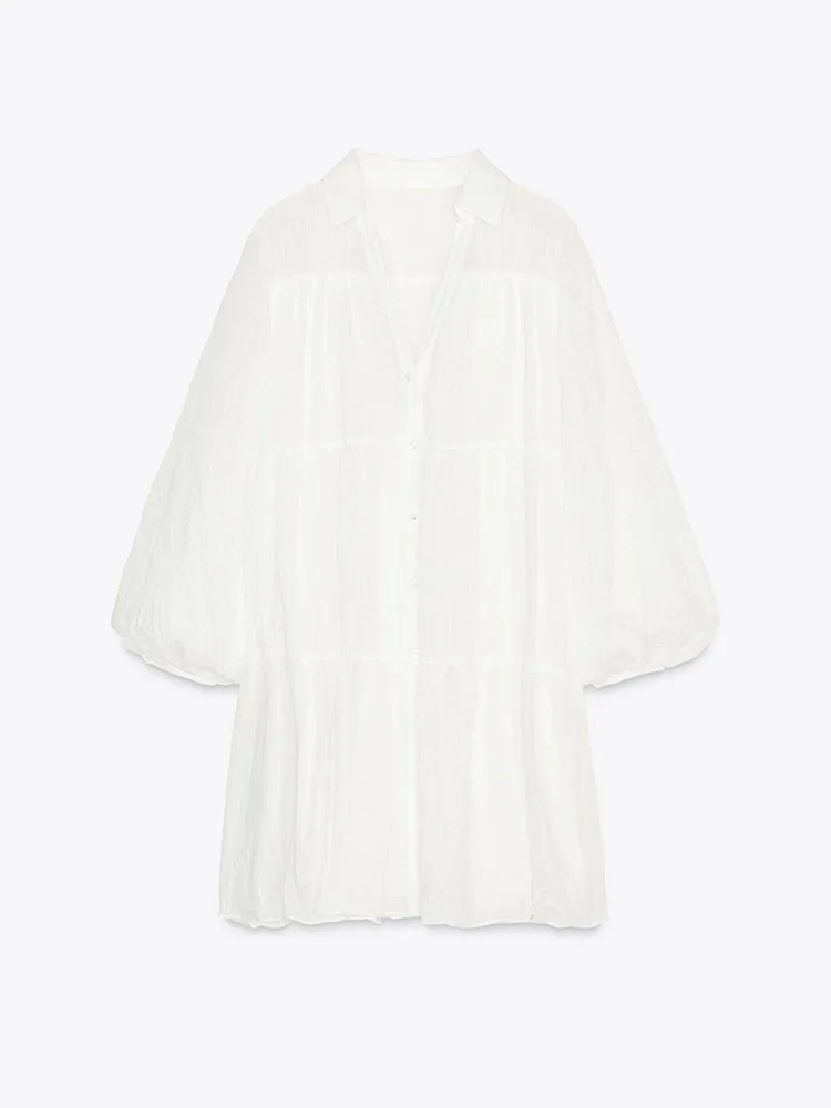 Primavera 2025 Nova Faion feminino cor pura em camadas patchwork gola virada para baixo simples ort Dr lanterna de cintura alta Sve A-...