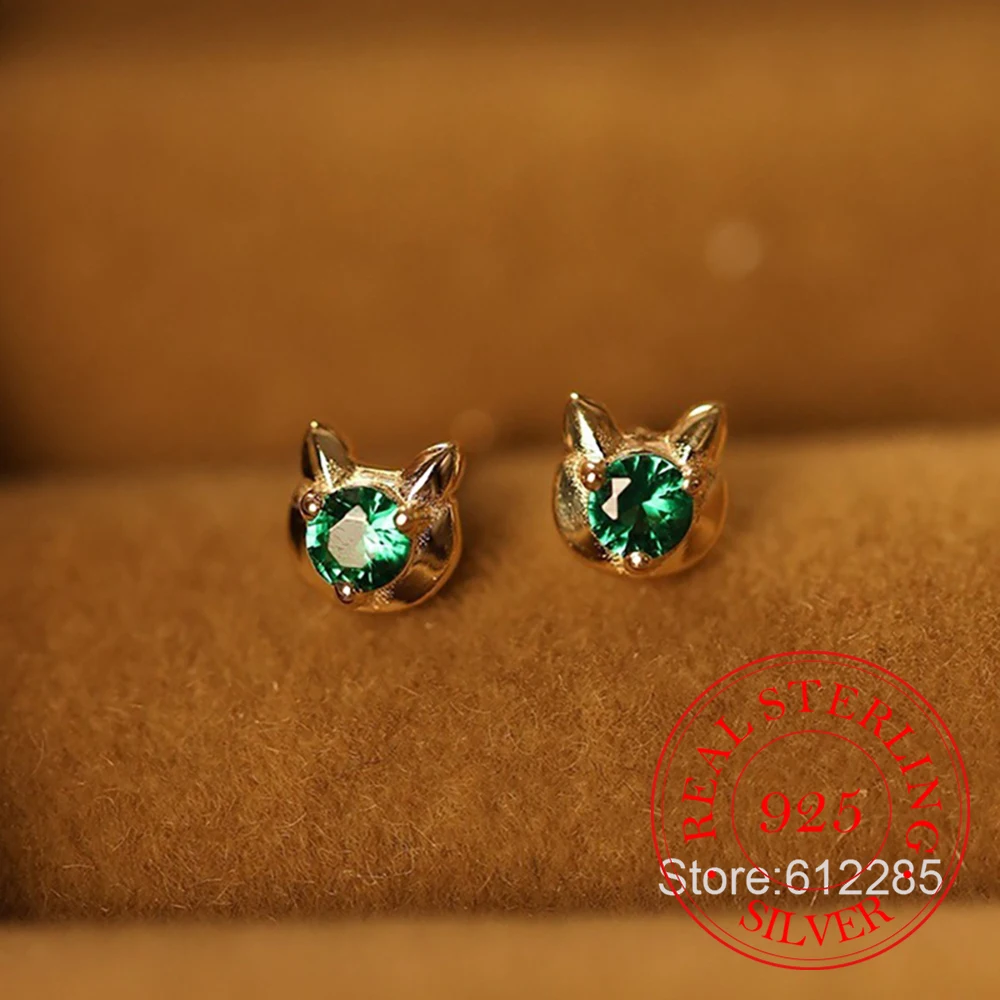 

925 Sterling Silver Jewelry Simple Green Zircon Cat Stud Earrings for Women Wedding Party Jewelry For Girls Friend Gift