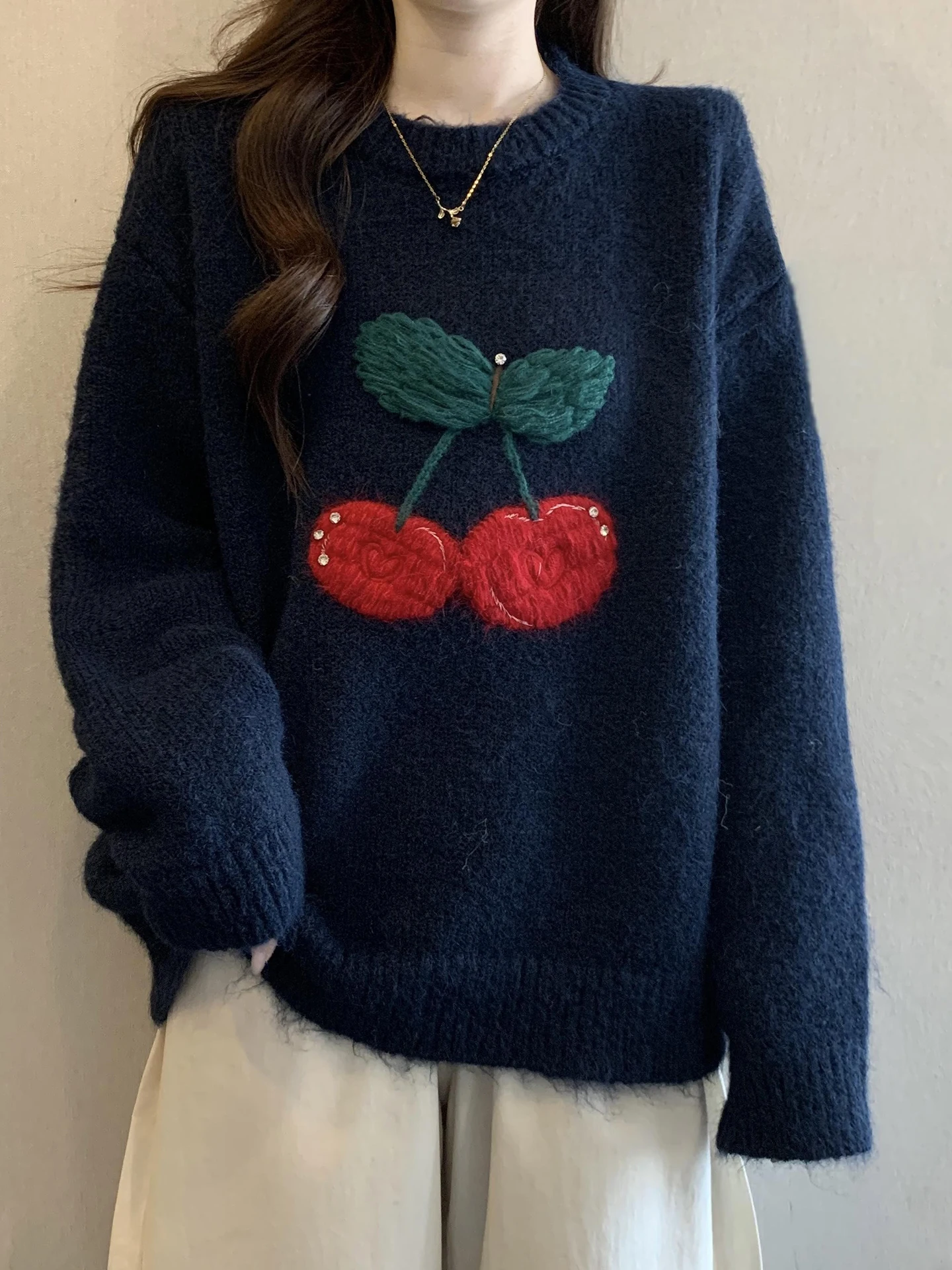 

Heavy Embroidery Cherry Pattern Knitted Sweater Women's Autumn Winter Large Size Lazy Design Inner Wear Top Warm Comfortable