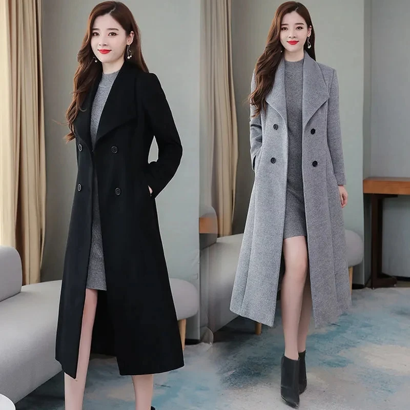 

Woolen Coat Womens 2024 Autumn Winter New Fashion Slim All-match Wool Jacket Womens Large Size Long Double-breasted Trench Coat