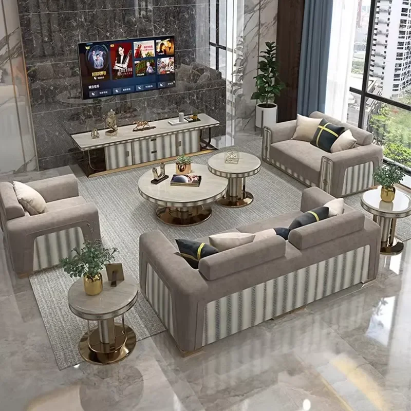 High End Custom Modern Light Sectional Sofa Set Plush Velvet for Living Room & Basement Furniture