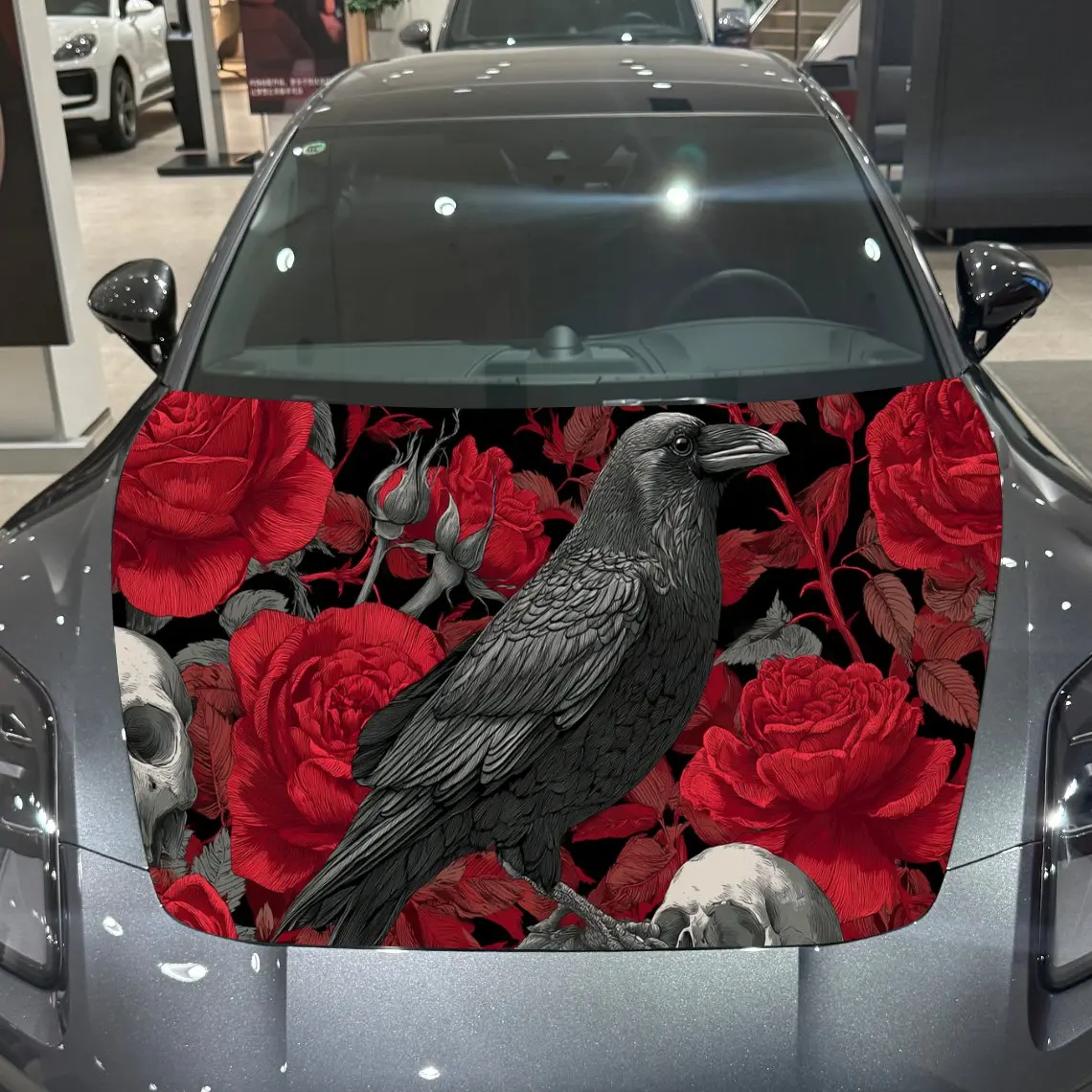 Car Decal Crow Amid Red Rose and Skull Artistic Background & Mystic-Dark Elegant Macabre Vibe Car Hood Sticker, Waterproof Self