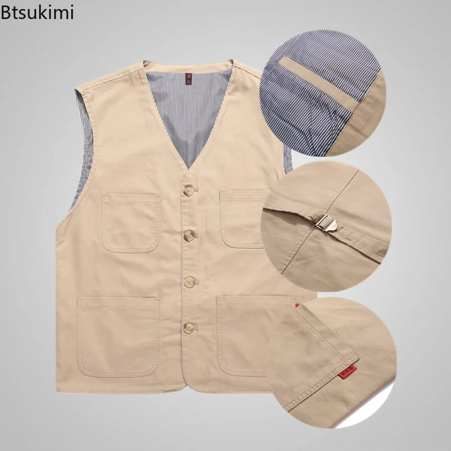 Plus Size Men's Pure Cotton Vest Spring Autumn Multi-pocket Outdoor Casual Sleeveless Jackets Men Fishing Photography Waistcoats