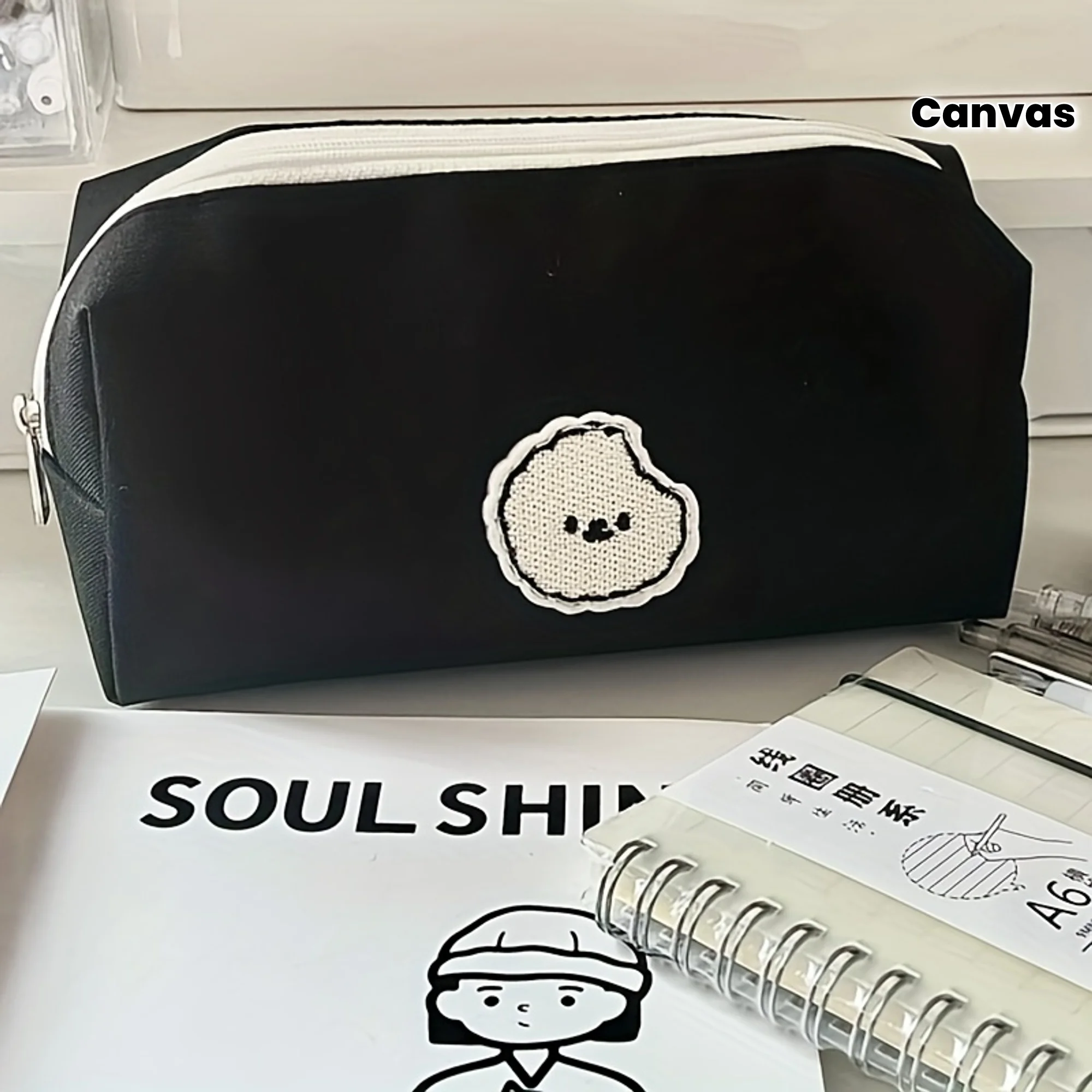 Minimalist Style Pencil Case Canvas Black Smooth Zipper Stationery Pen Storage Bag Eid Mubarak