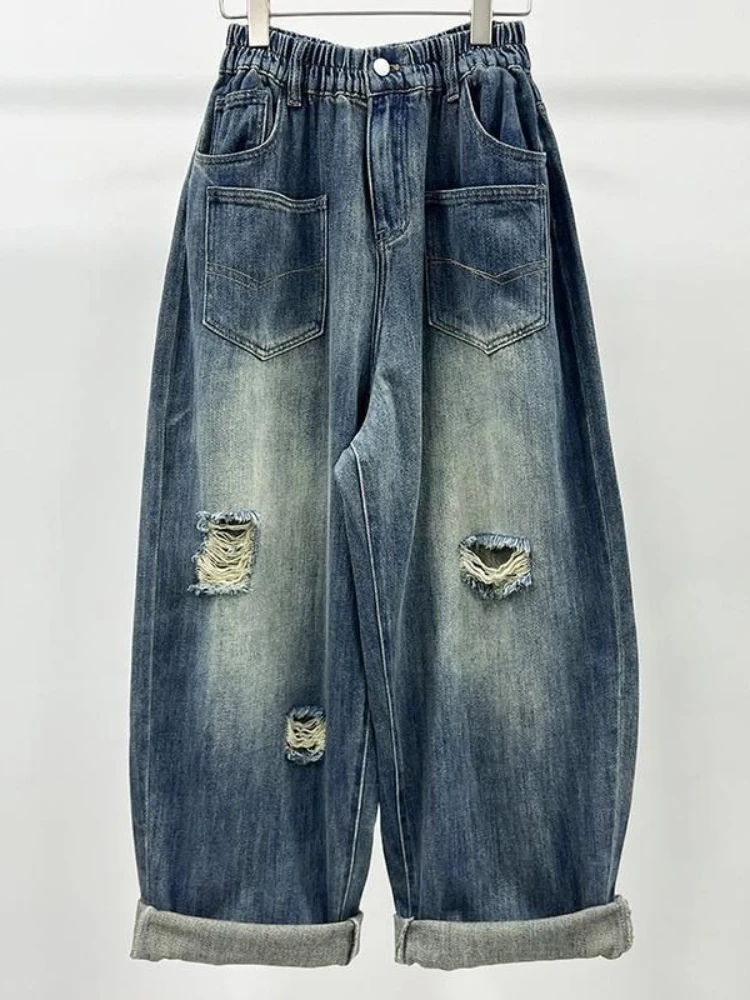 Summer ripped loose denim dad pants women's fashion personality elastic high waisted versatile casual carrot pants trendy