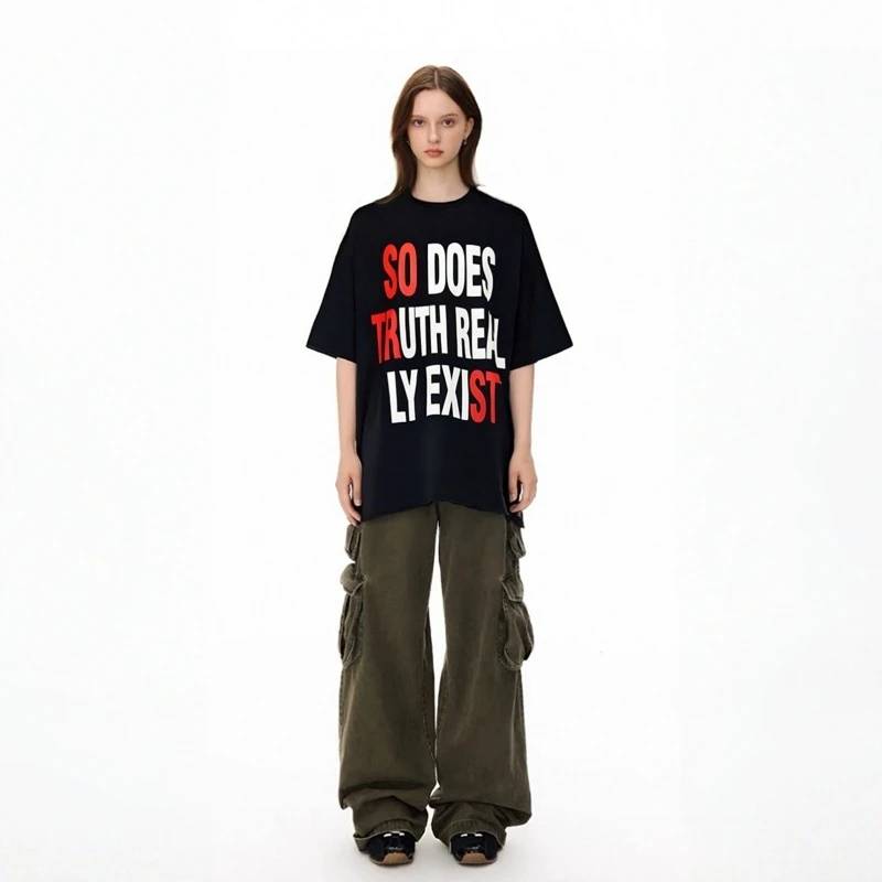 تي شيرت رجالي قطني فضفاض كبير الحجم - Y2K رقبة دائرية وأكمام قصيرة قابل للتنفس ملابس الشارع القوطية كاجوال للاستخدام الخارجي