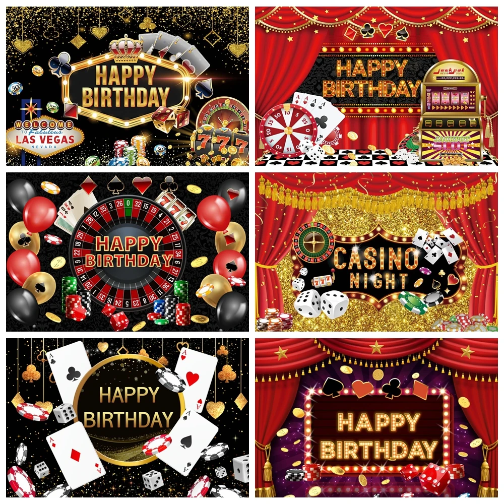 

Casino Night Poker Dice Photography Backdrop Las Vegas Red Gold Glitter Photo Background Birthday Party Banner Photo Studio Prop