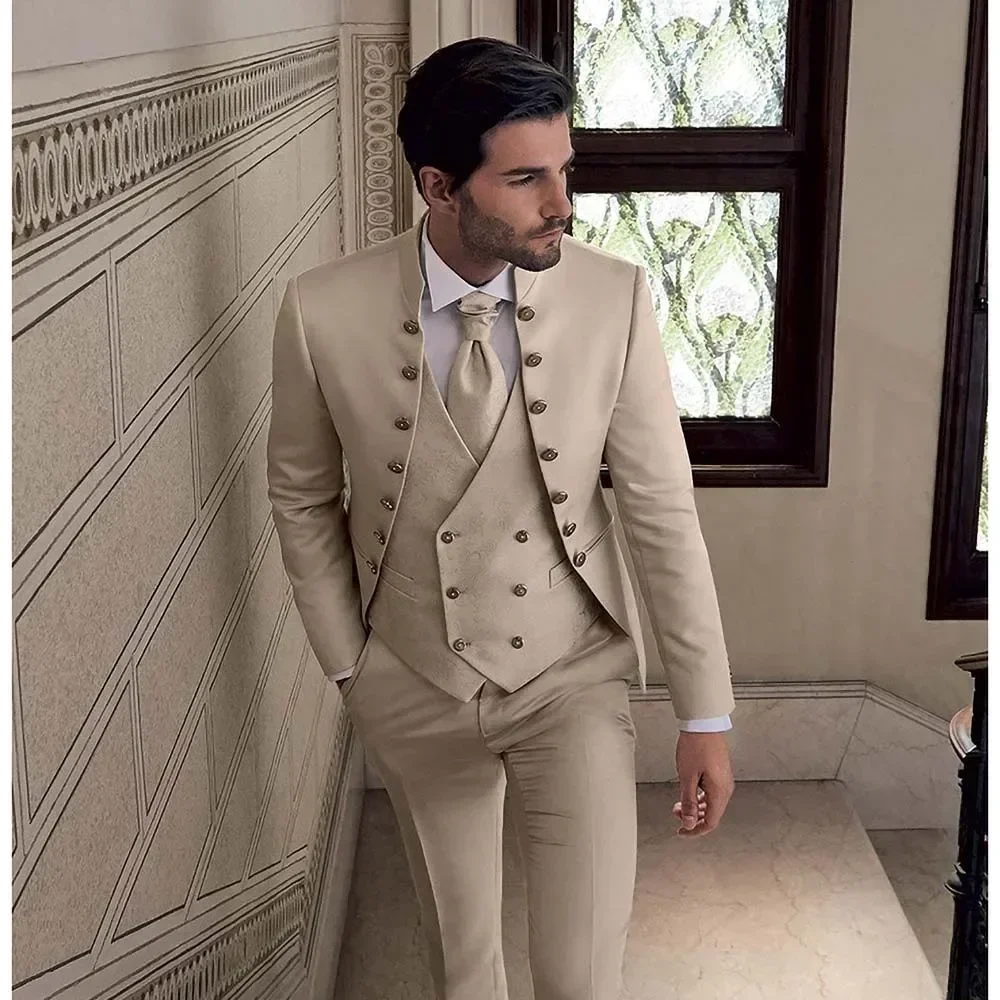 

Beige Suits for Men 3 Piece Stand Collar Double Breasted Male Suit Slim Fit Causal Formal Elegant Groom Wedding Tuxedo