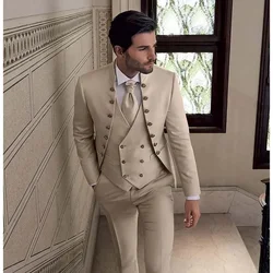 Beige Suits for Men 3 Piece  Stand Collar Double Breasted Male Suit Slim Fit Causal Formal Elegant Groom Wedding Tuxedo