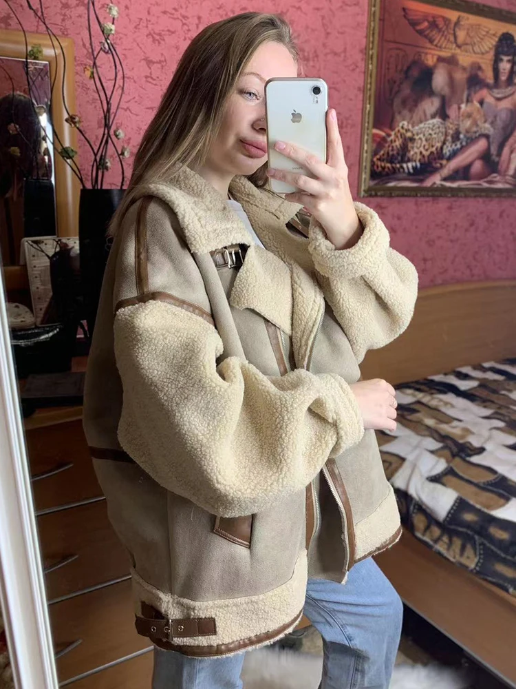 Loose Women Thick Warm Faux Leather Jackets 2023 Winter Fashion Ladies Patchwork Fleece Coats Female Vintage Outerwear Chic