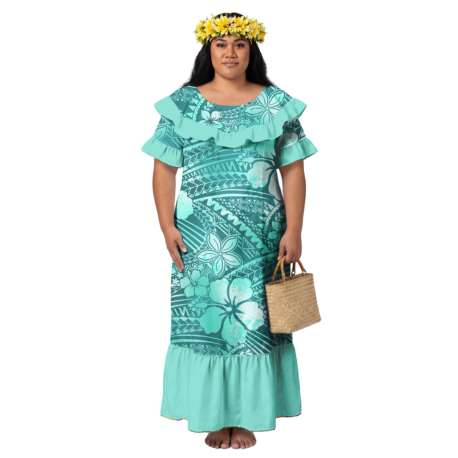 

Женская одежда на заказ с низким MOQ: Самоанские модные платья, полинезийские островные платья с рукавами-лепестками, платья-русалки для вечеринок, большие размеры, женские платья Алоха