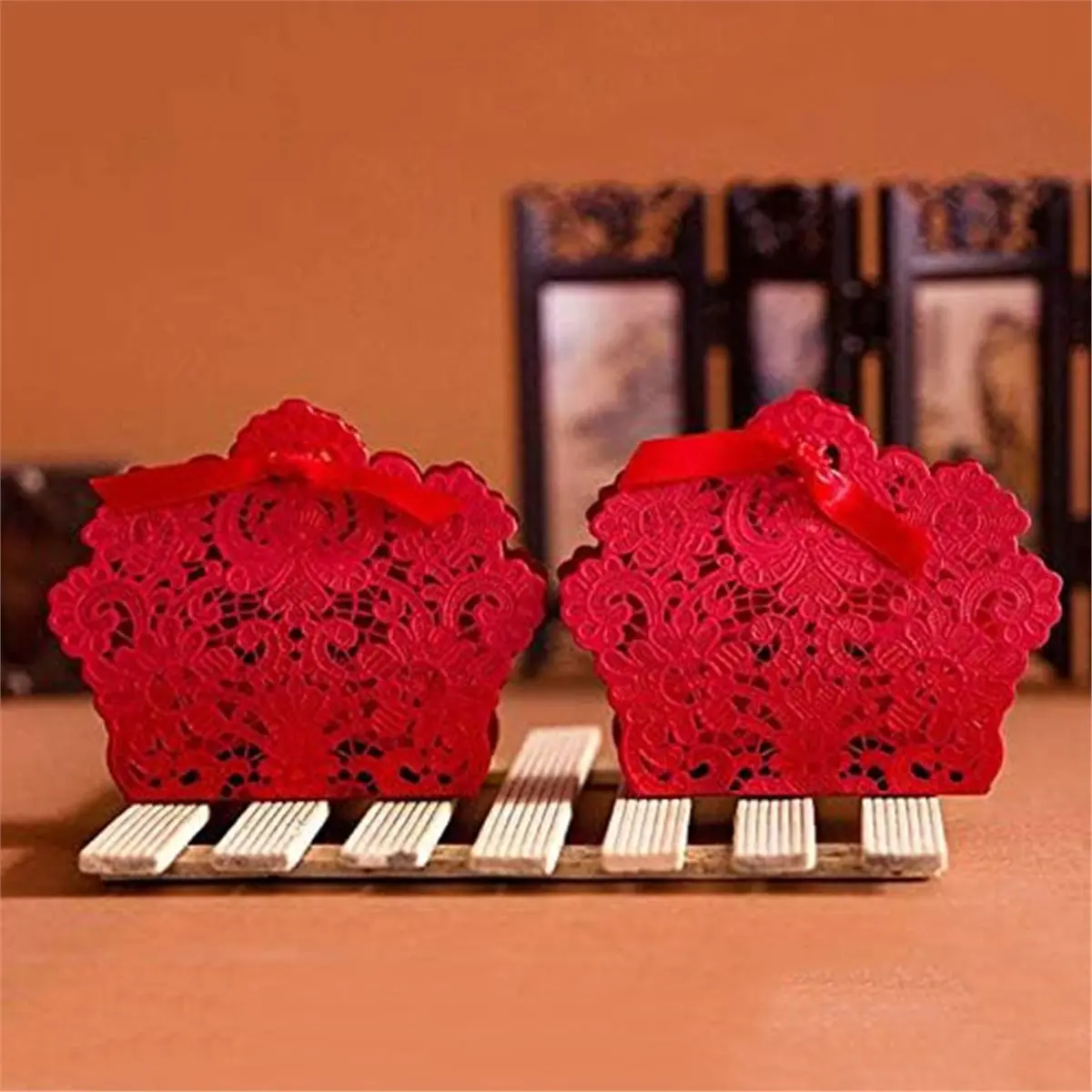 50 PCS Laser Cut with Ribbon Wedding Party Favor Box, Wedding Gift Box, Chocolate Candy and Gift Boxes Red