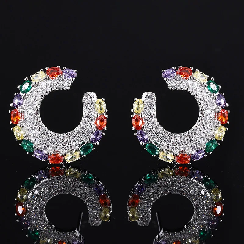 

European and American Style Set Colorful Inlaid Diamond C-Shaped Earrings for Women Fashion Zircon Light Luxury 925 Silver Needl