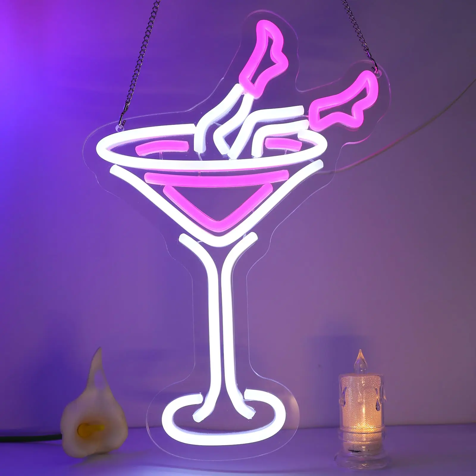 Insegna al neon per cocktail - Alimentazione USB LED dimmerabile |   Decorazione da parete ideale rosa per carrello bar domestico, ristorante sulla spiaggia, grotta uomo, caffetteria e festa