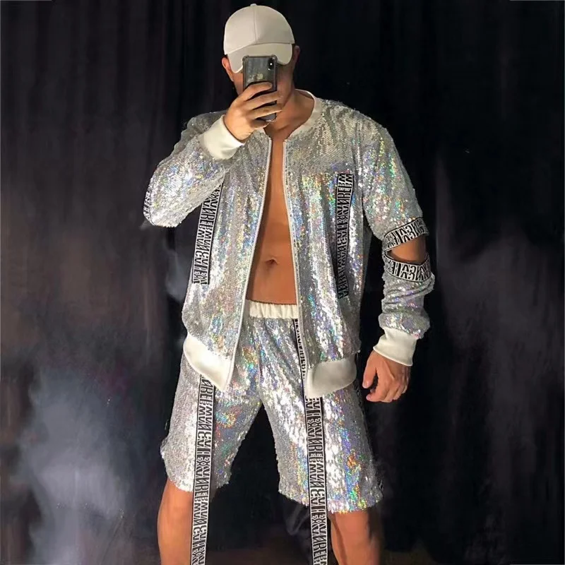 

Nightclub Dj Tide Hip Hop Rock Stage Performance Clothes Shiny Silver Men'S Set Sequins Jacket Pants Rave Outfits